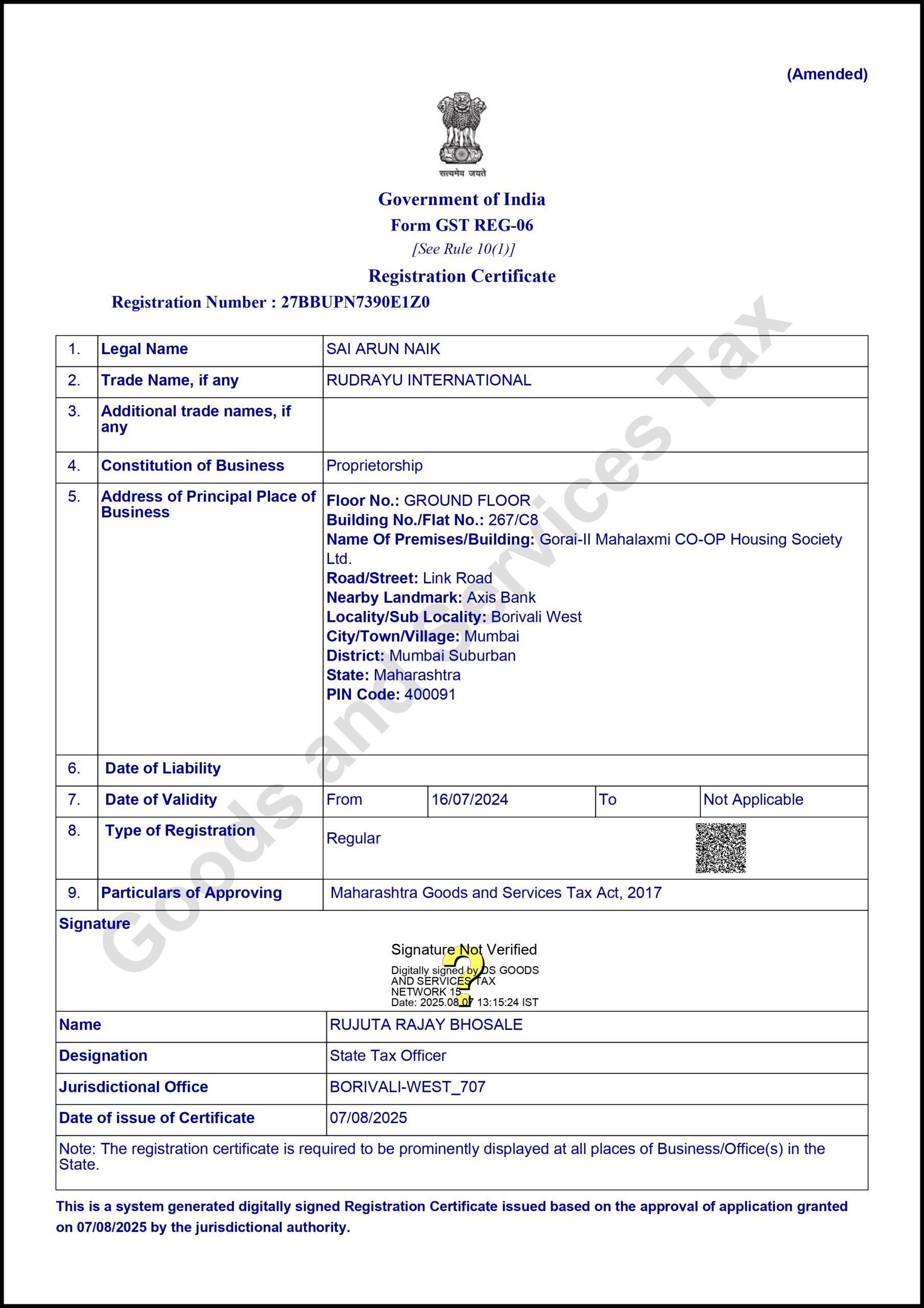 Rudrayu GST Certificate Rudrayu GST Certificate